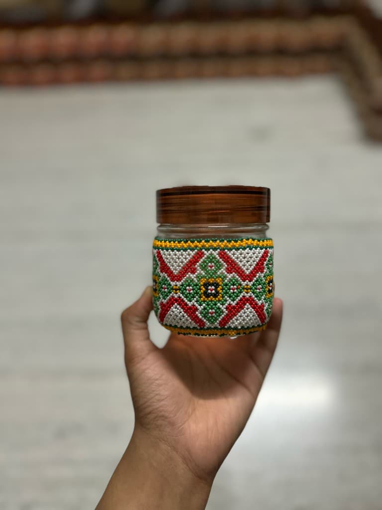 Crimson and maroon beaded jar stacked trio deep jewel tones